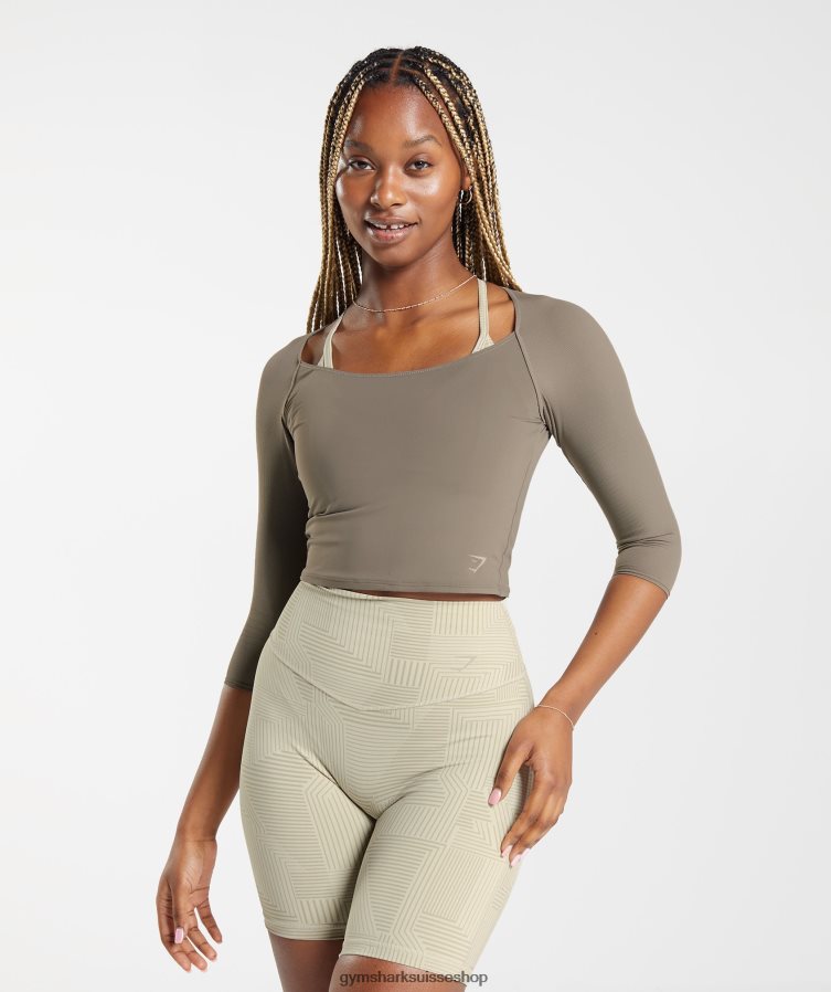 ch Gymshark femmes crop top à manches 3/4 brun brossé 02FP6T435 vêtements