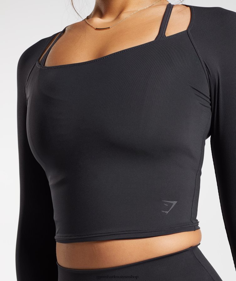 ch Gymshark femmes crop top à manches 3/4 noir 02FP6T422 vêtements