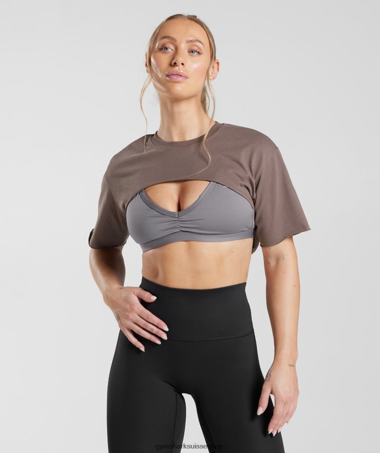 ch Gymshark femmes haut à haussement d'épaules hérité brun truffe 02FP6T495 vêtements
