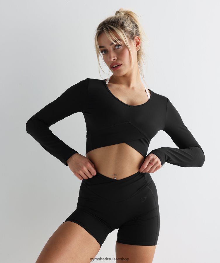 ch Gymshark femmes top court croisé à manches longues noir 02FP6T498 vêtements