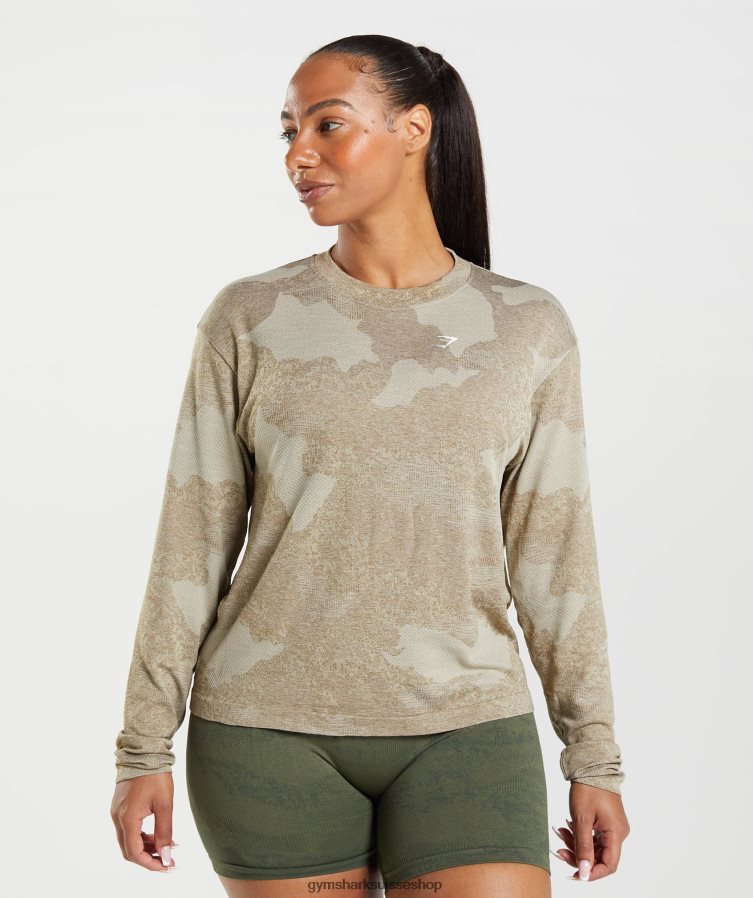 ch Gymshark femmes adapt camo haut sans couture à manches longues gris caillou/brun âme 02FP6T477 vêtements