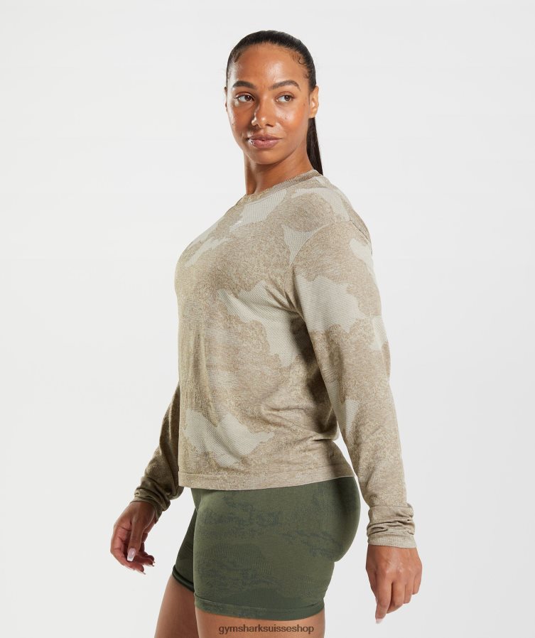 ch Gymshark femmes adapt camo haut sans couture à manches longues gris caillou/brun âme 02FP6T477 vêtements