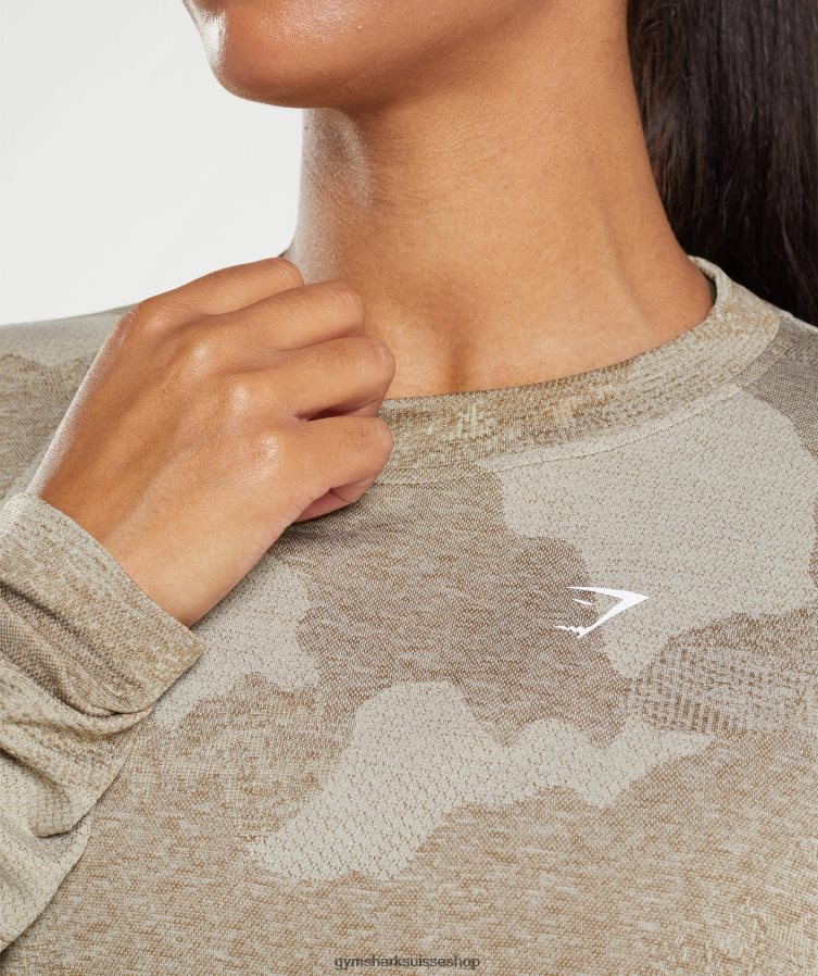 ch Gymshark femmes adapt camo haut sans couture à manches longues gris caillou/brun âme 02FP6T477 vêtements