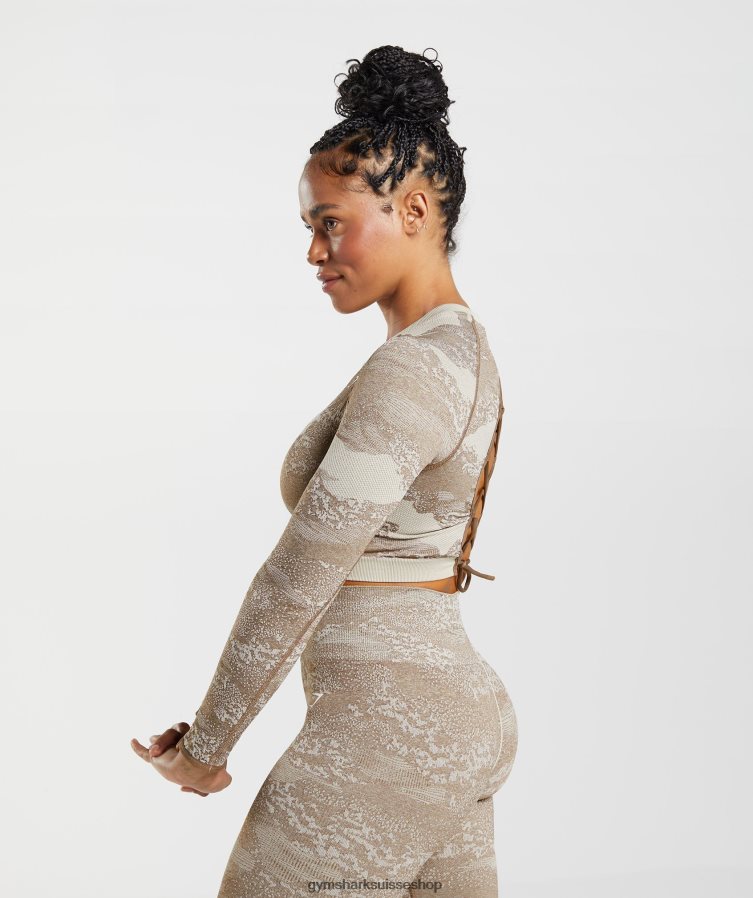 ch Gymshark femmes adapt camo haut sans coutures à lacets dans le dos gris caillou/brun âme 02FP6T458 vêtements