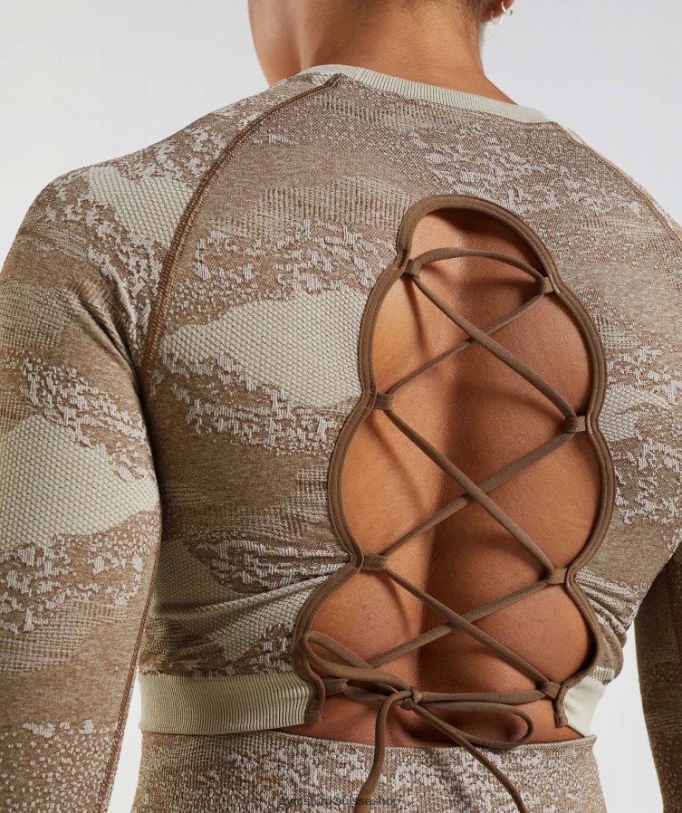 ch Gymshark femmes adapt camo haut sans coutures à lacets dans le dos gris caillou/brun âme 02FP6T458 vêtements