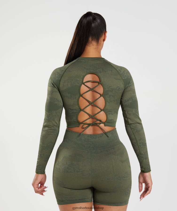 ch Gymshark femmes adapt camo haut sans coutures à lacets dans le dos olive mousse/noyau d'olive 02FP6T452 vêtements