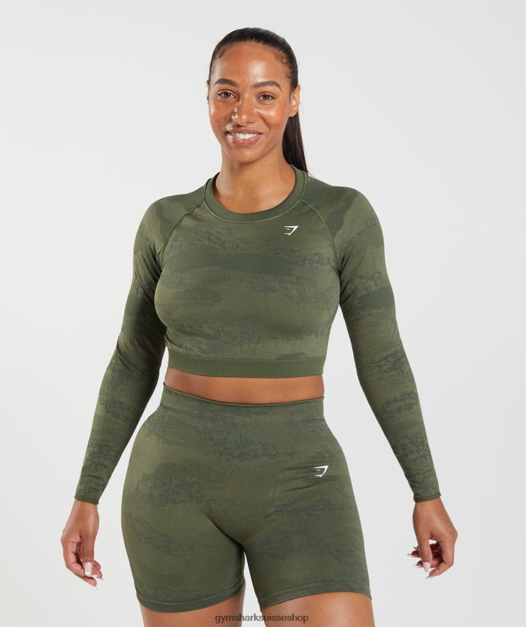 ch Gymshark femmes adapt camo haut sans coutures à lacets dans le dos olive mousse/noyau d\'olive 02FP6T452 vêtements