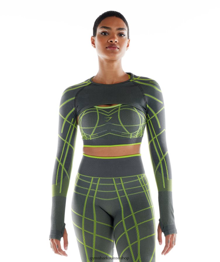 ch Gymshark femmes haussement d'épaules à manches longues sans couture wtflex linear gris anthracite/vert fluo/gris clair 02FP6T490 vêtements