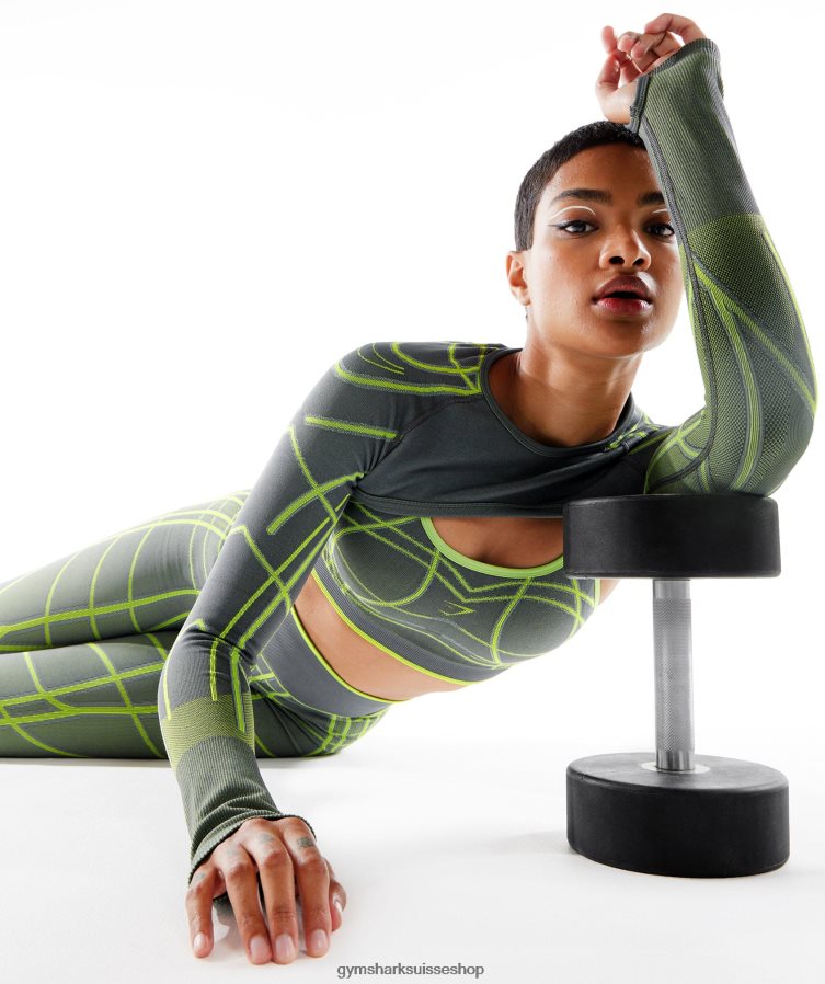 ch Gymshark femmes haussement d\'épaules à manches longues sans couture wtflex linear gris anthracite/vert fluo/gris clair 02FP6T490 vêtements
