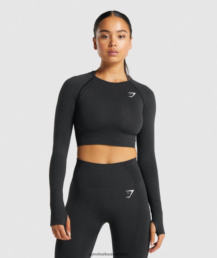ch Gymshark femmes haut court à manches longues Vital Seamless 2.0 noir chiné 02FP6T467 vêtements