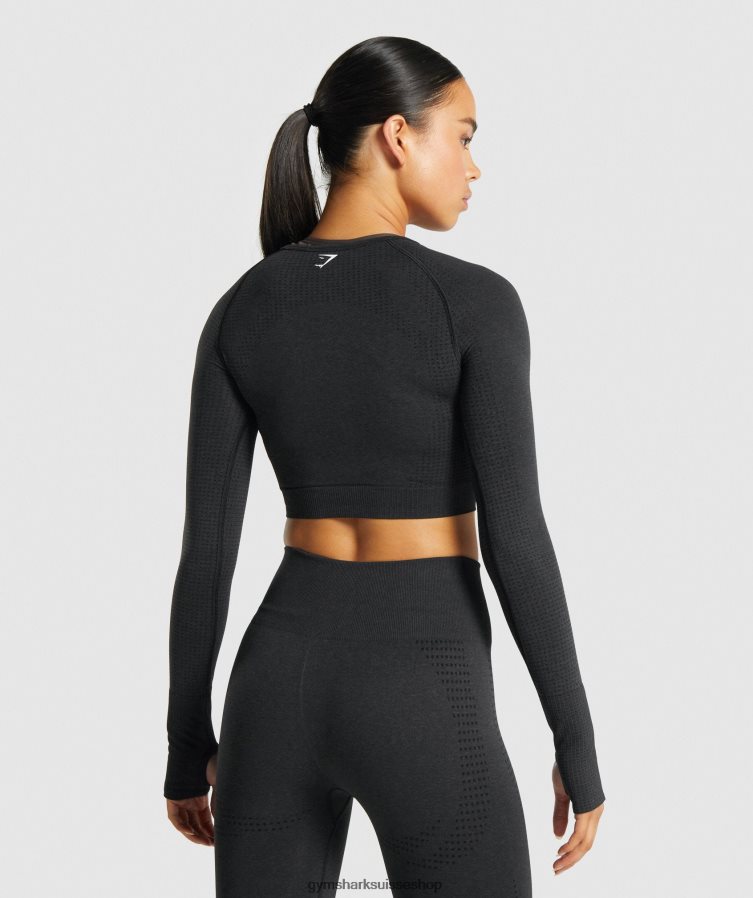 ch Gymshark femmes haut court à manches longues Vital Seamless 2.0 noir chiné 02FP6T467 vêtements