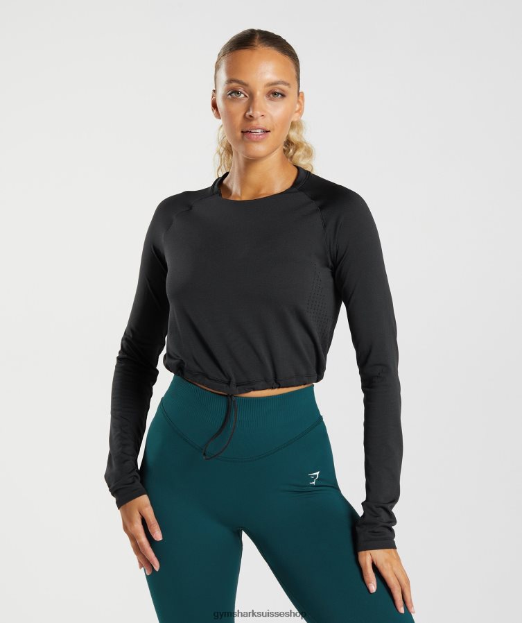 ch Gymshark femmes haut court sans coutures à manches longues noir 02FP6T430 vêtements