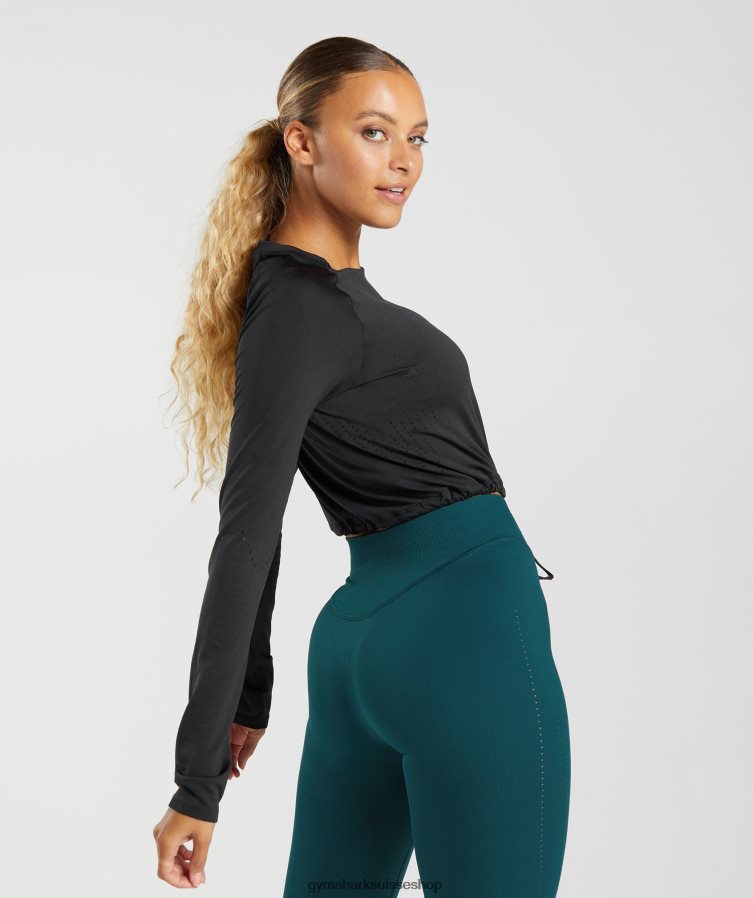 ch Gymshark femmes haut court sans coutures à manches longues noir 02FP6T430 vêtements