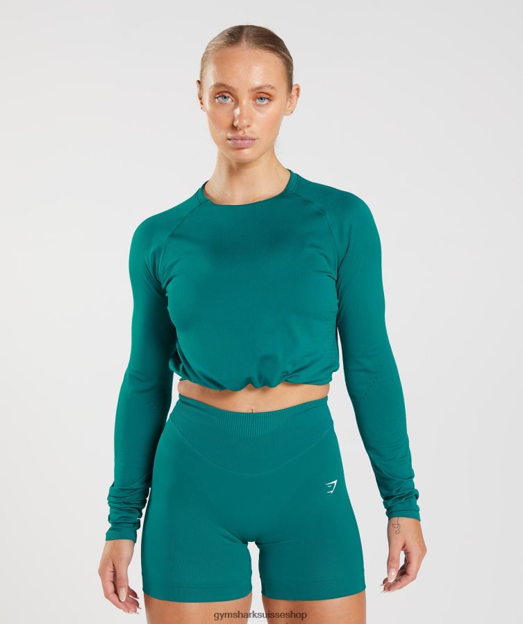 ch Gymshark femmes haut court sans coutures à manches longues sarcelle riche 02FP6T433 vêtements