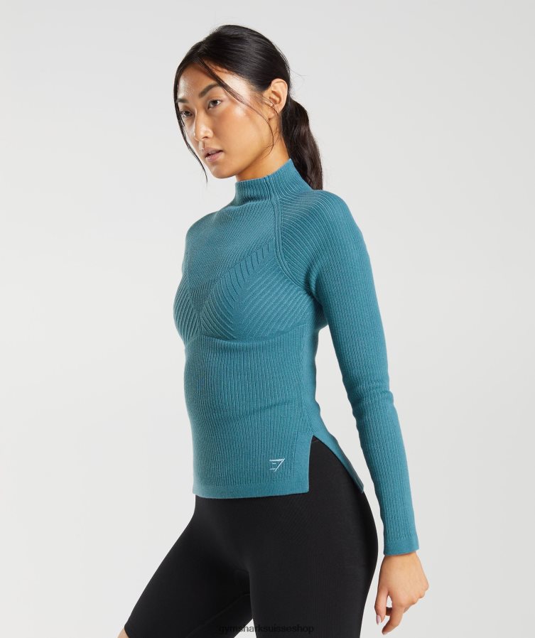 ch Gymshark femmes pause tricot haut à manches longues bleu carbonisé/bleu apprivoisé 02FP6T446 vêtements