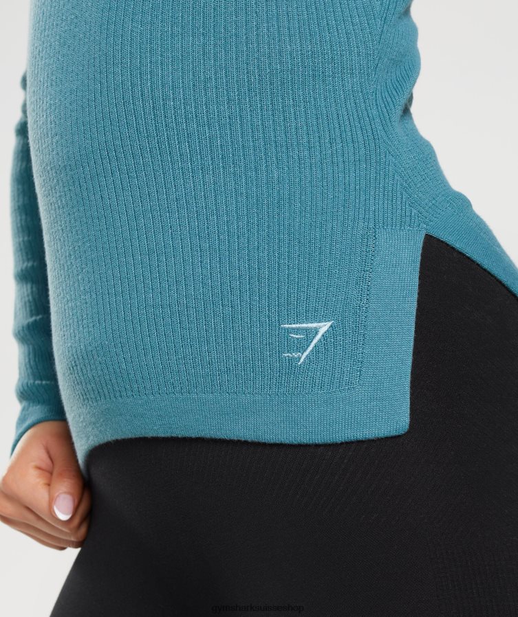 ch Gymshark femmes pause tricot haut à manches longues bleu carbonisé/bleu apprivoisé 02FP6T446 vêtements