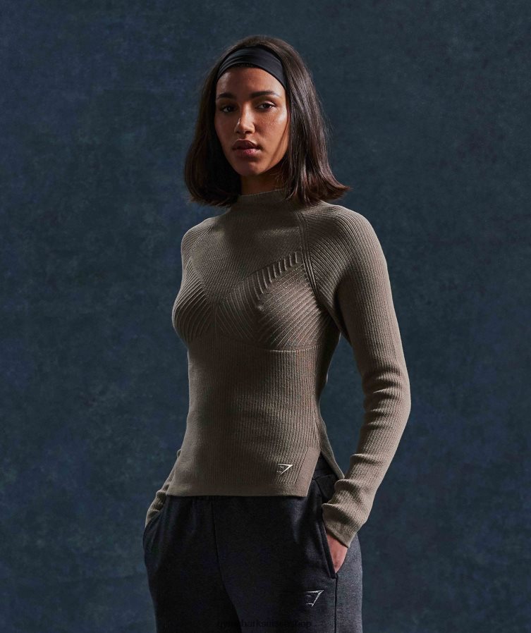 ch Gymshark femmes pause tricot haut à manches longues marron ciment/gris caillou 02FP6T441 vêtements