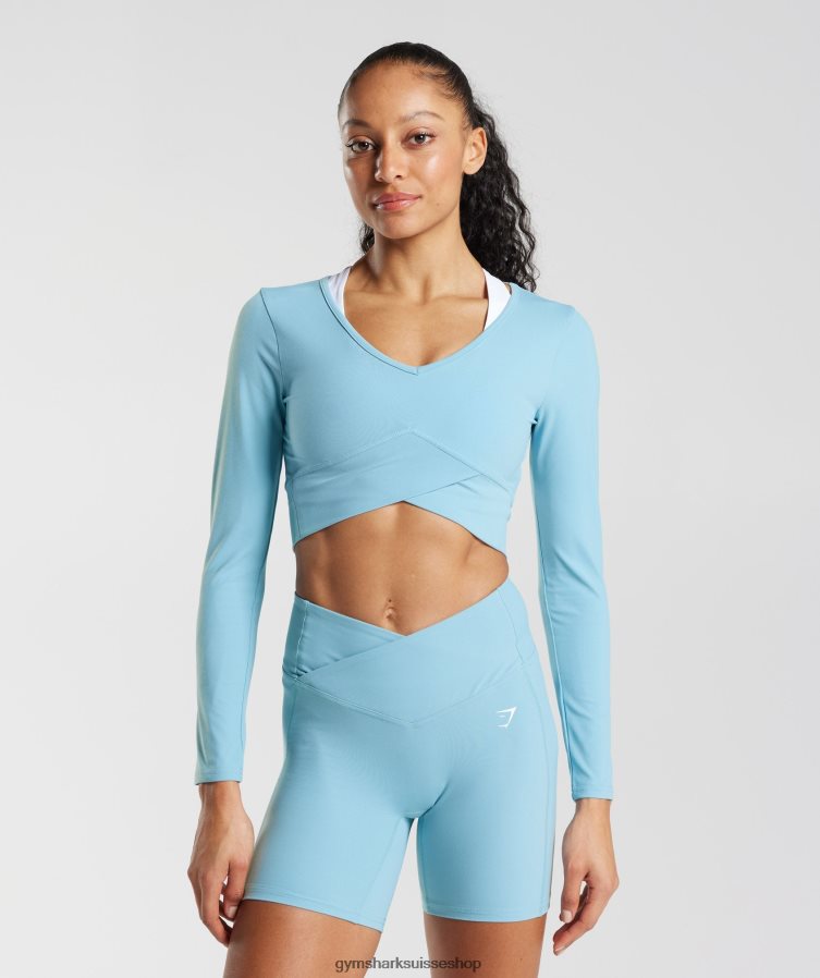 ch Gymshark femmes top court croisé à manches longues bleu glacier 02FP6T436 vêtements