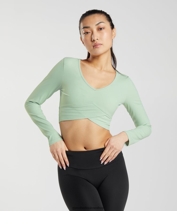 ch Gymshark femmes top court croisé à manches longues vert brume 02FP6T454 vêtements