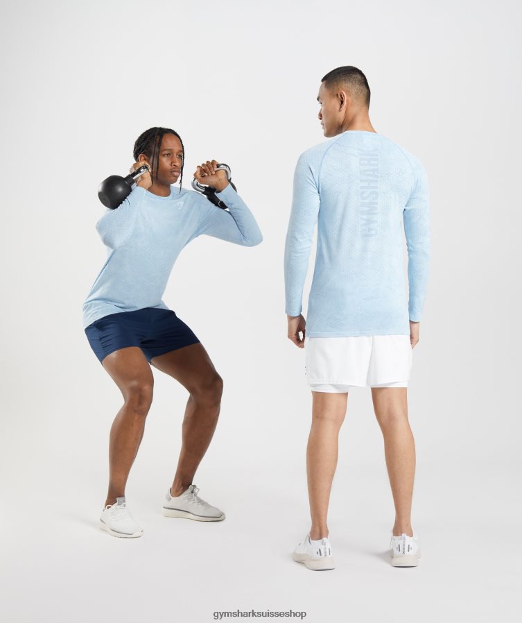 ch Gymshark Hommes t-shirt à manches longues sans coutures geo blanc/bleu pierre de lune 02FP6T711 vêtements