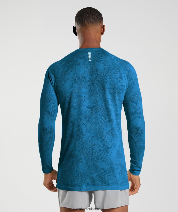 ch Gymshark Hommes t-shirt à manches longues sans coutures geo bleu atlantique/bleu requin 02FP6T597 vêtements