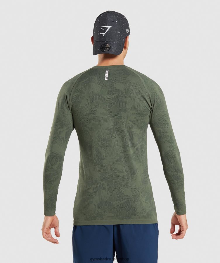ch Gymshark Hommes t-shirt à manches longues sans coutures geo noyau olive/noir 02FP6T599 vêtements