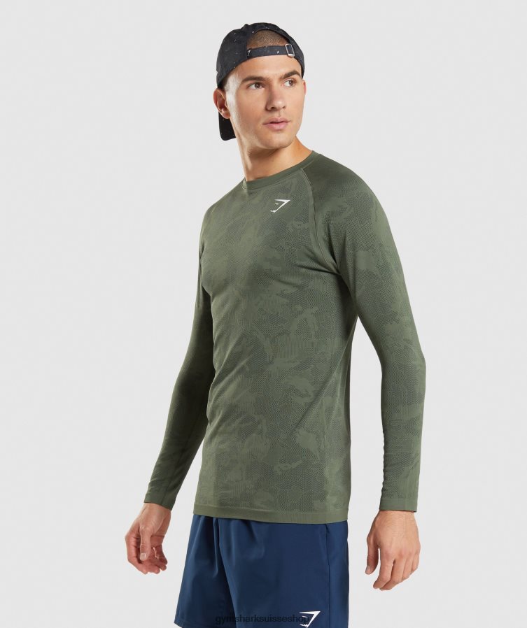 ch Gymshark Hommes t-shirt à manches longues sans coutures geo noyau olive/noir 02FP6T599 vêtements