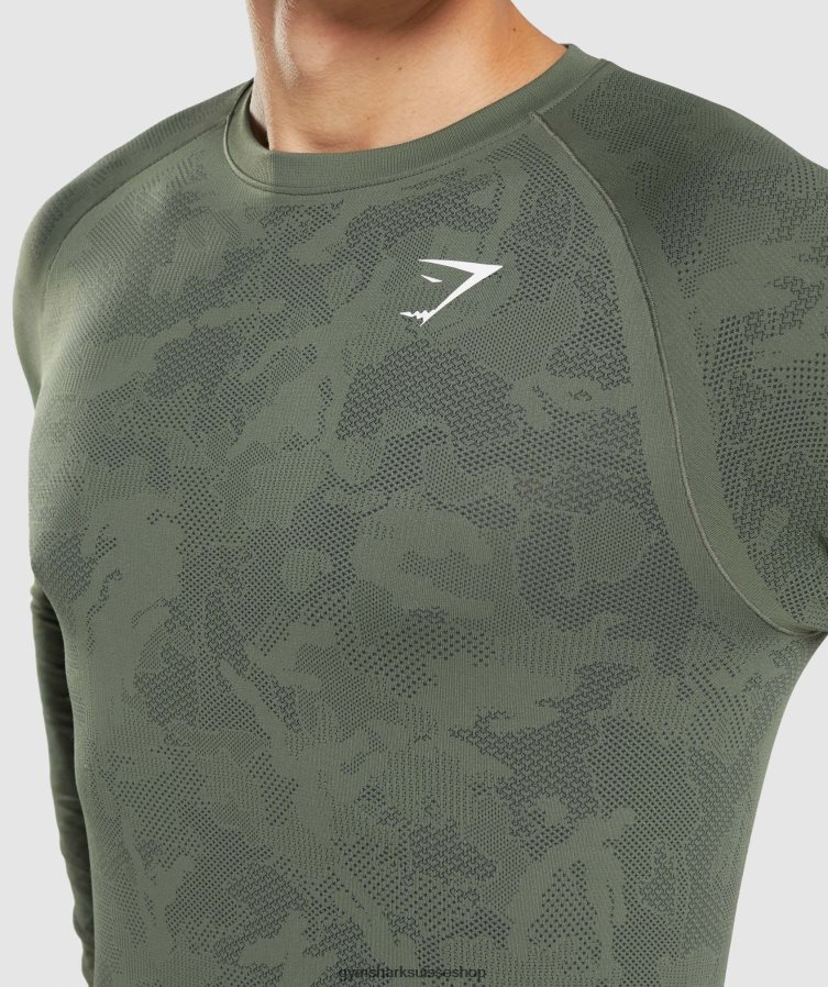 ch Gymshark Hommes t-shirt à manches longues sans coutures geo noyau olive/noir 02FP6T599 vêtements